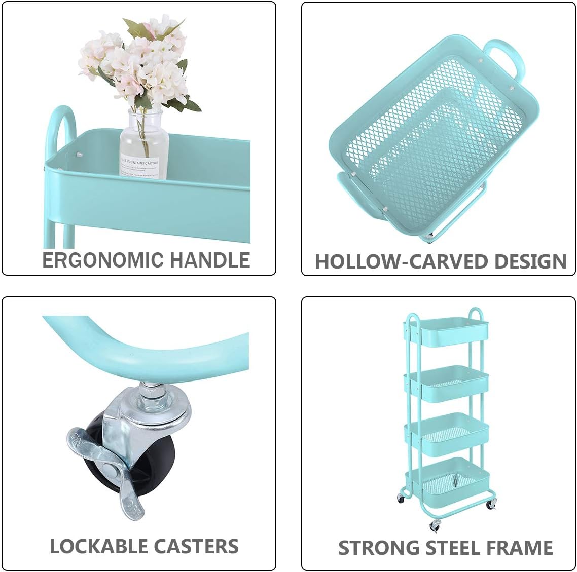 Melody House 4-Tier Metal Mesh Utility Rolling Cart Storage Organizer Shelf Rack with Lockable