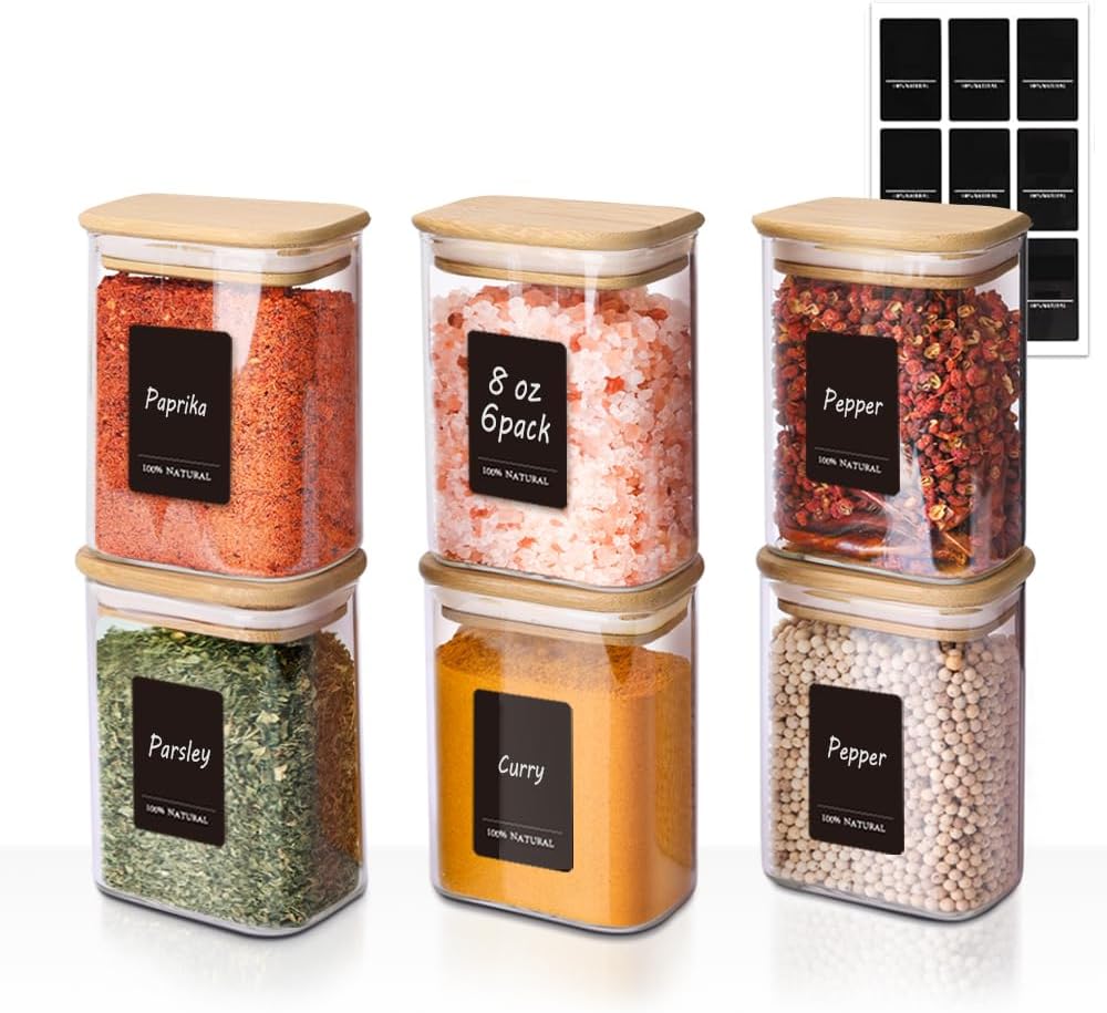 Comsaf Spice Jars with Label，8 oz Small Glass Jars with Lids, 6 Pcs Seasoning Containers, Rectangle