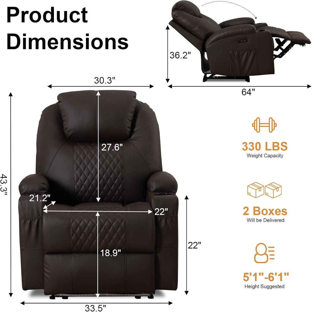 AHMED Power Recliner Chair with Vibration Massage & Heat for Adults, Faux Leather Home Theater