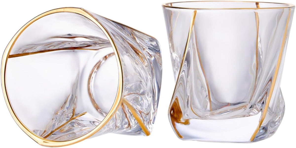 Crystal Whiskey Glasses Set of 2 with 24K Gold Rim,Bar Glasses,Twisted Whiskey Glass Gold