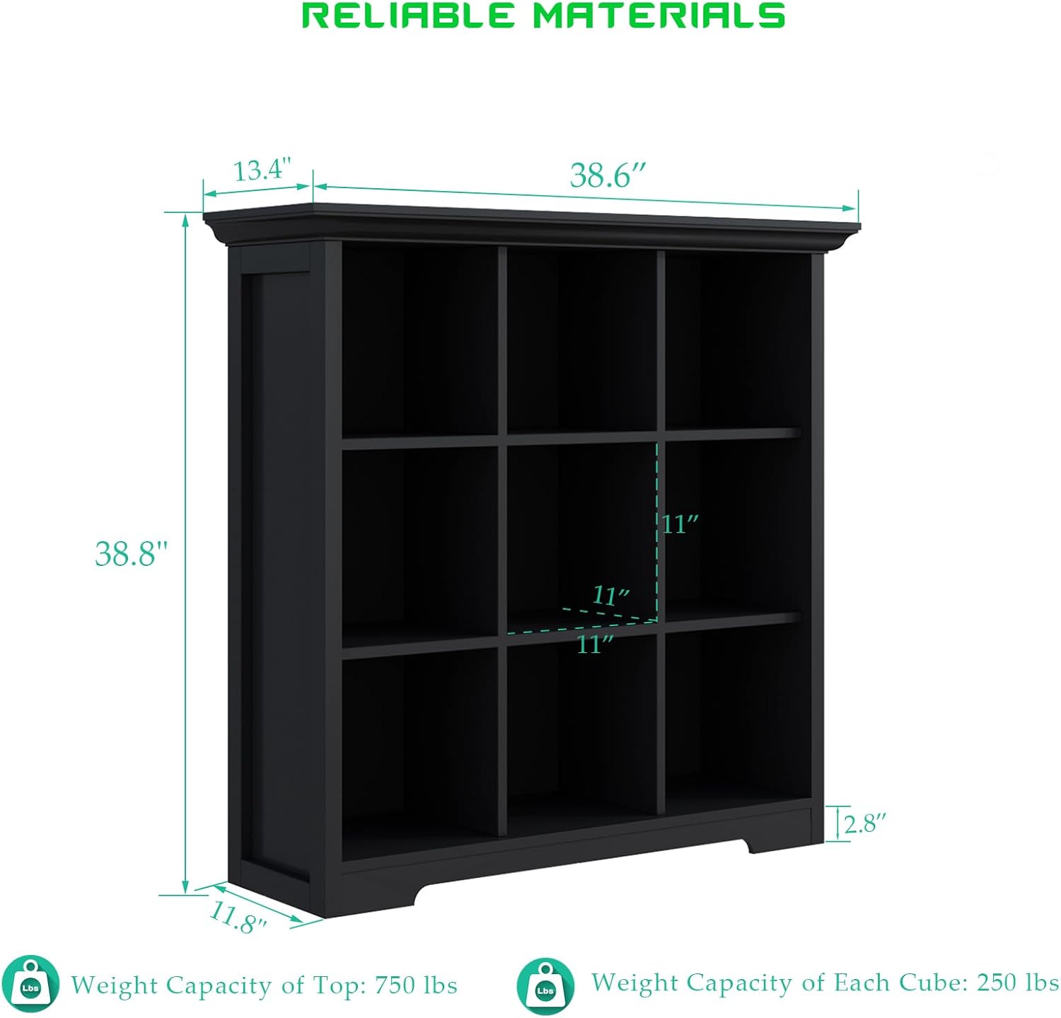 Cube Storage Bookcase with Base - Wooden 3 Tiers Floor Standing Open Shelf Cabinet for Home and