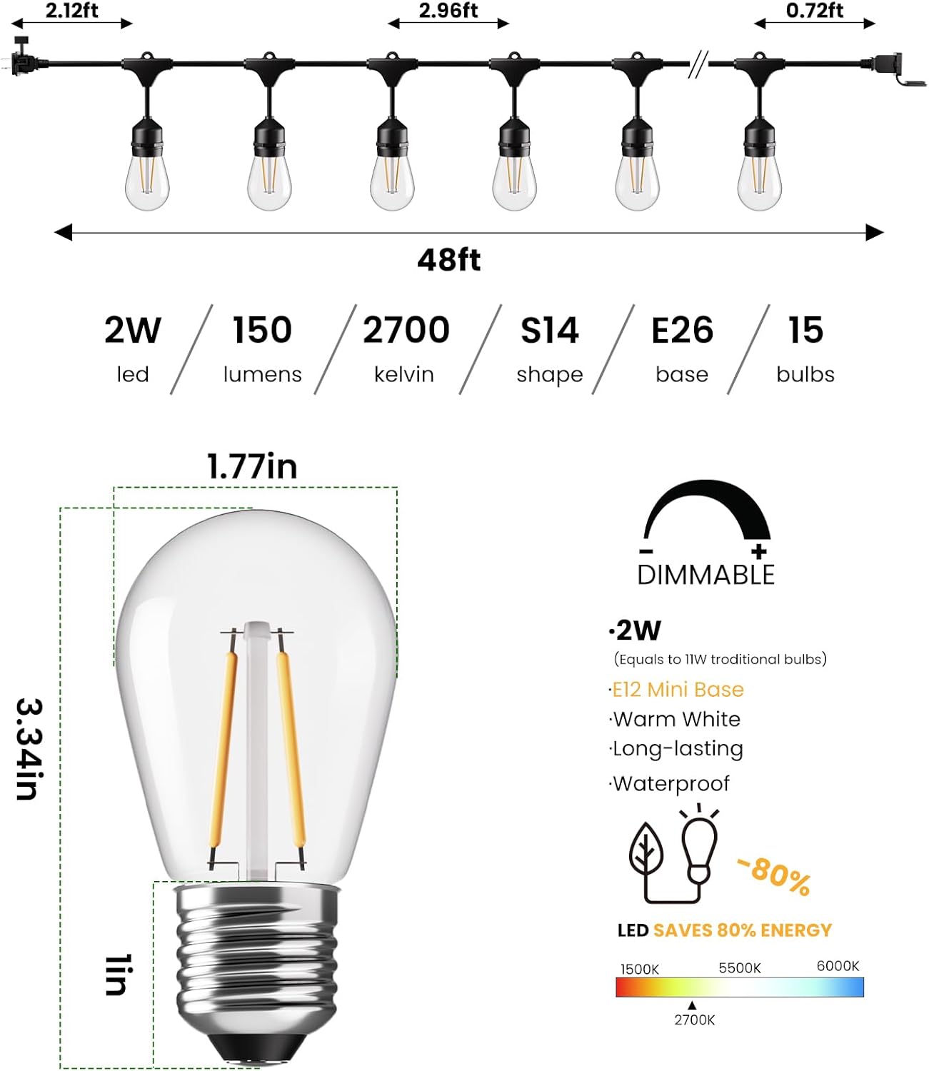 Svater 144 FT Outdoor String Lights 2W, Patio Light for Outside with 48 Antique S14 Plastic LED