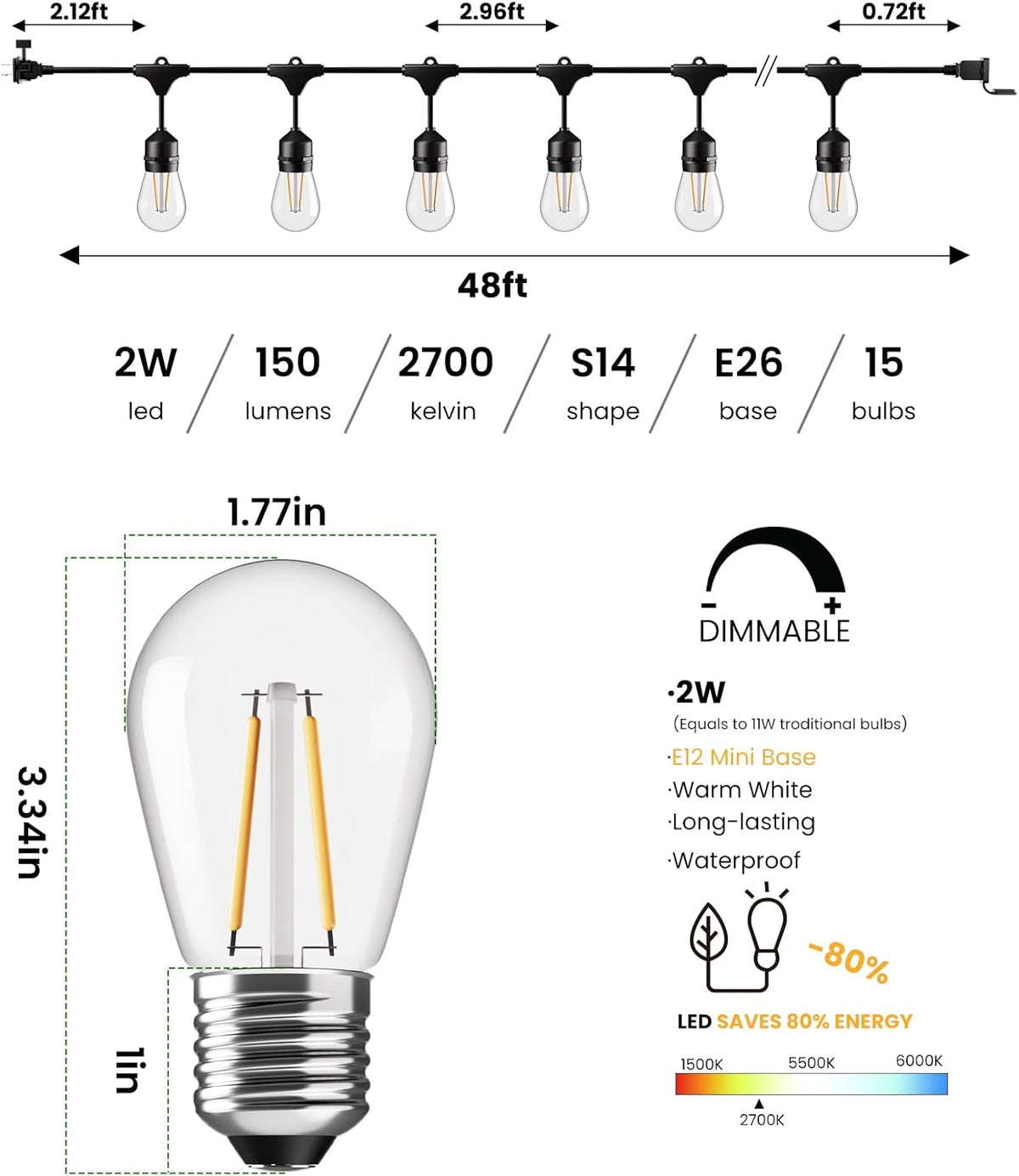 Svater 144 FT Outdoor String Lights 2W, Patio Light for Outside with 48 Antique S14 Plastic LED