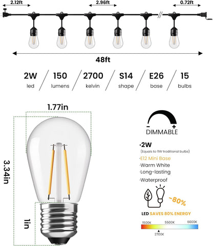 Svater 144 FT Outdoor String Lights 2W, Patio Light for Outside with 48 Antique S14 Plastic LED