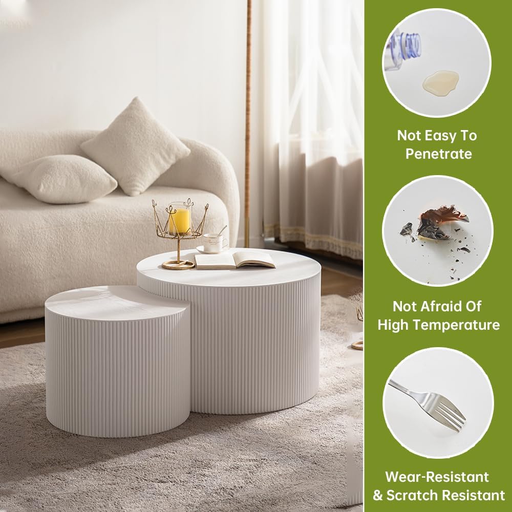 Round Nesting Coffee Table Modern White Fluted Coffee Table Set of 2 Stripe Round Coffee Tables