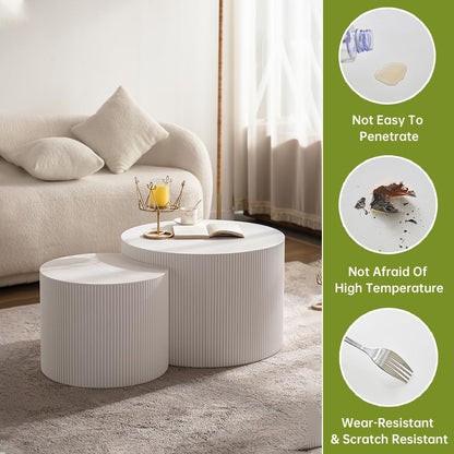 Round Nesting Coffee Table Modern White Fluted Coffee Table Set of 2 Stripe Round Coffee Tables