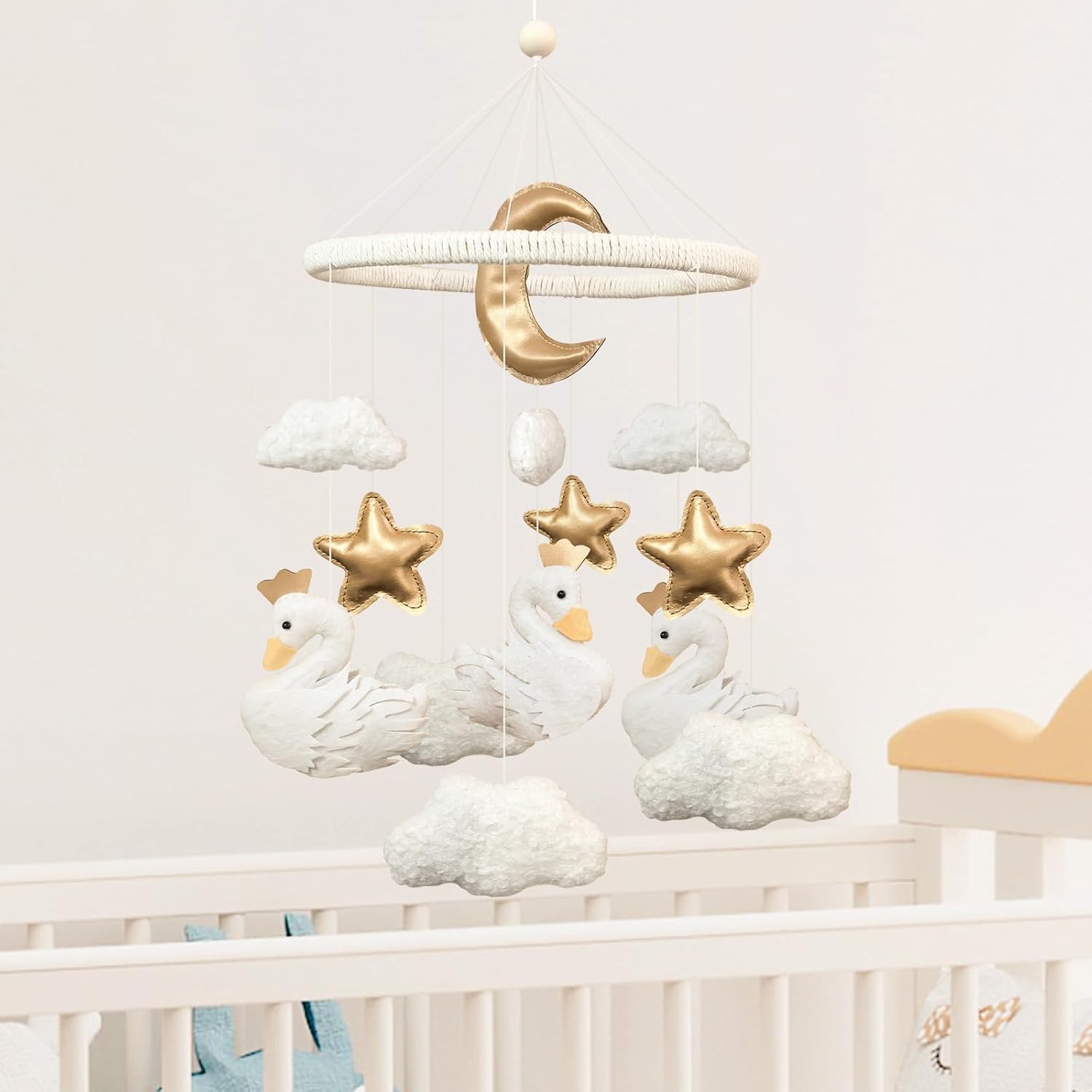 Baby Mobile for Crib Swan Nursery Decor for Girls Handmade Boho Baby Crib Mobile Cloud Moon Star