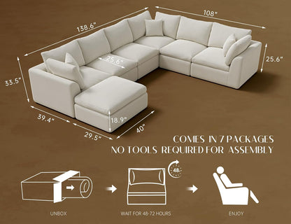 Oversized Cloud Couches for Living Room, Convertible Sectional Couch with Ottoman, 7 Seater Large