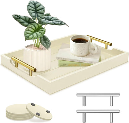Coffee Table Tray - Large Ottoman Tray for Living Room - Wood Serving Trays with Handles(2 Sets)