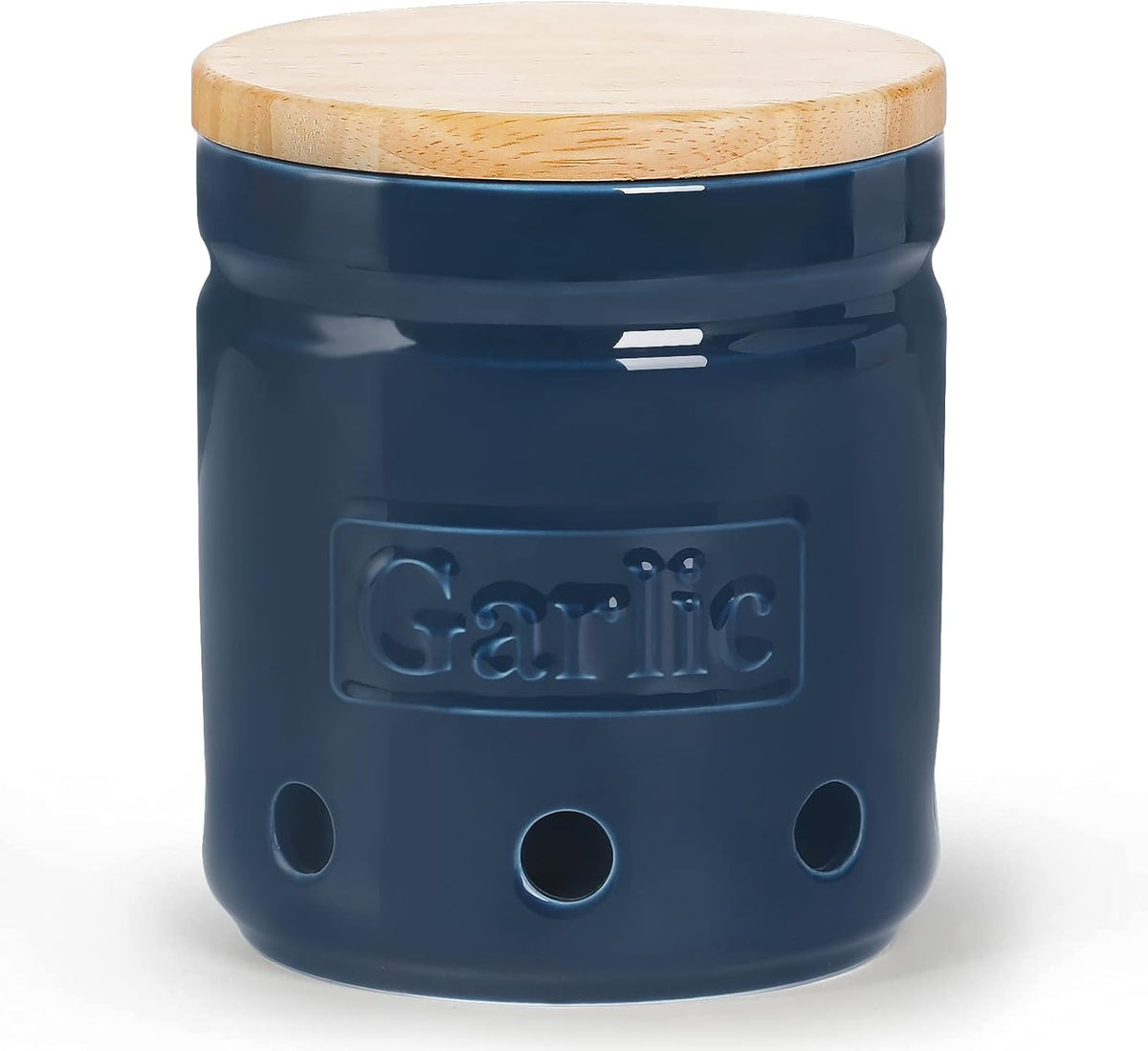 Large Garlic Keeper with Wooden Lid, Ceramic Garlic Holder Storage, Garlic Container for Kitchen