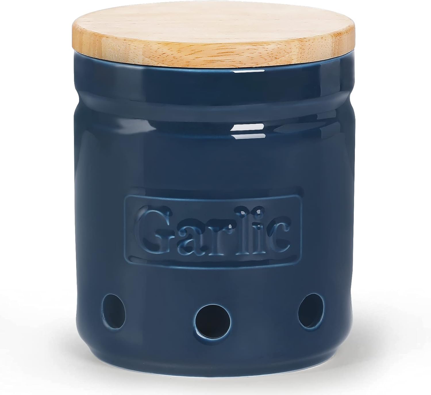 Large Garlic Keeper with Wooden Lid, Ceramic Garlic Holder Storage, Garlic Container for Kitchen