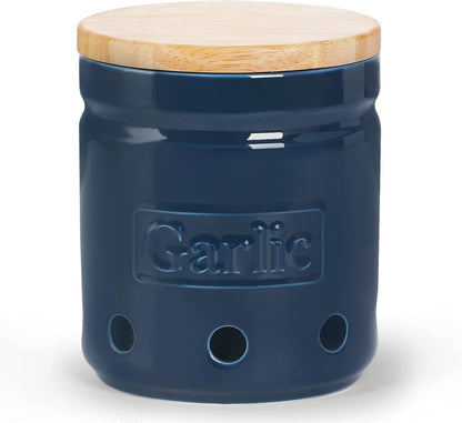 Large Garlic Keeper with Wooden Lid, Ceramic Garlic Holder Storage, Garlic Container for Kitchen