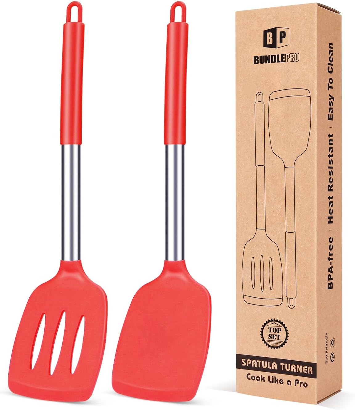 Pack of 2 Silicone Solid Turner, Non Stick Slotted Kitchen Spatulas, High Heat Resistant BPA Free