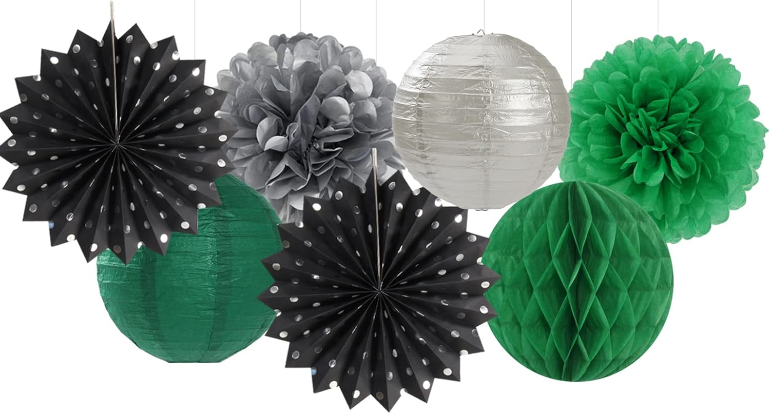Black-Green Silver Party-Decorations Streamers Lanterns - 14pcs Graduation 2025 Paper Lanterns