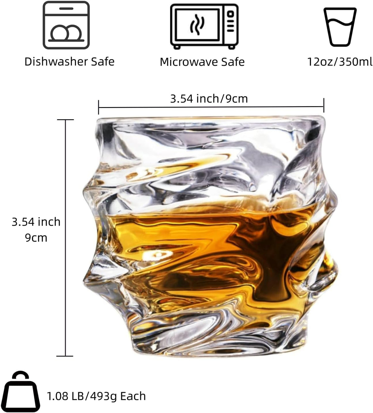12 oz Hand Blown Crystal Whiskey Glasses Set of 4, Unique Cognac Glass, Heavy Thick Bottom Bar