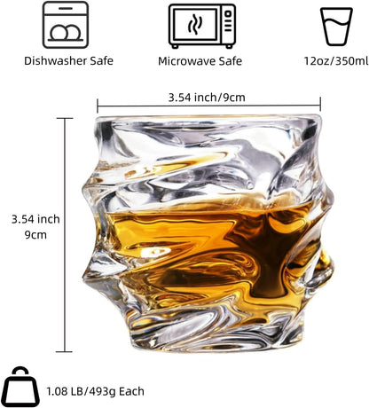 12 oz Hand Blown Crystal Whiskey Glasses Set of 4, Unique Cognac Glass, Heavy Thick Bottom Bar