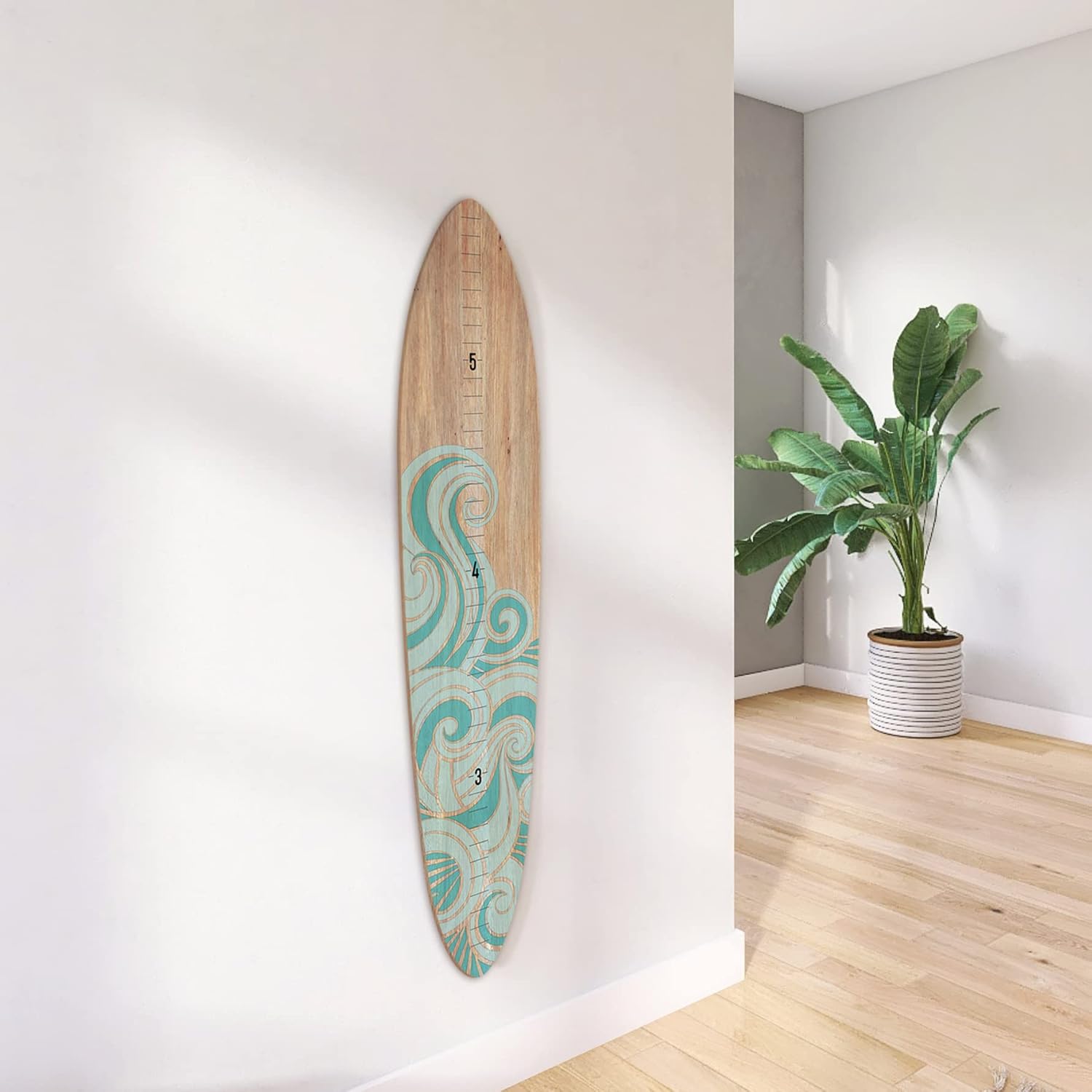 Wooden Surfboard Wall Decor Growth Chart - Surf Board Decor for Kids Room, Wooden Growth Chart for