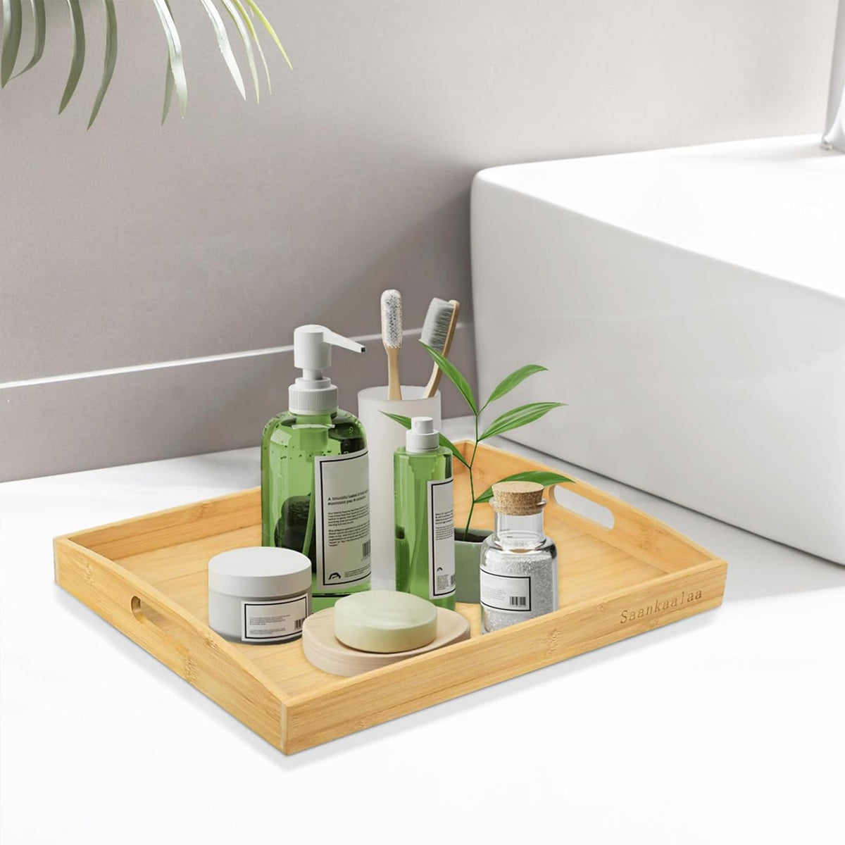 Bamboo Serving Tray Set of 2 Elegant for Coffee, Eating or Decor - Large and Small Rectangle