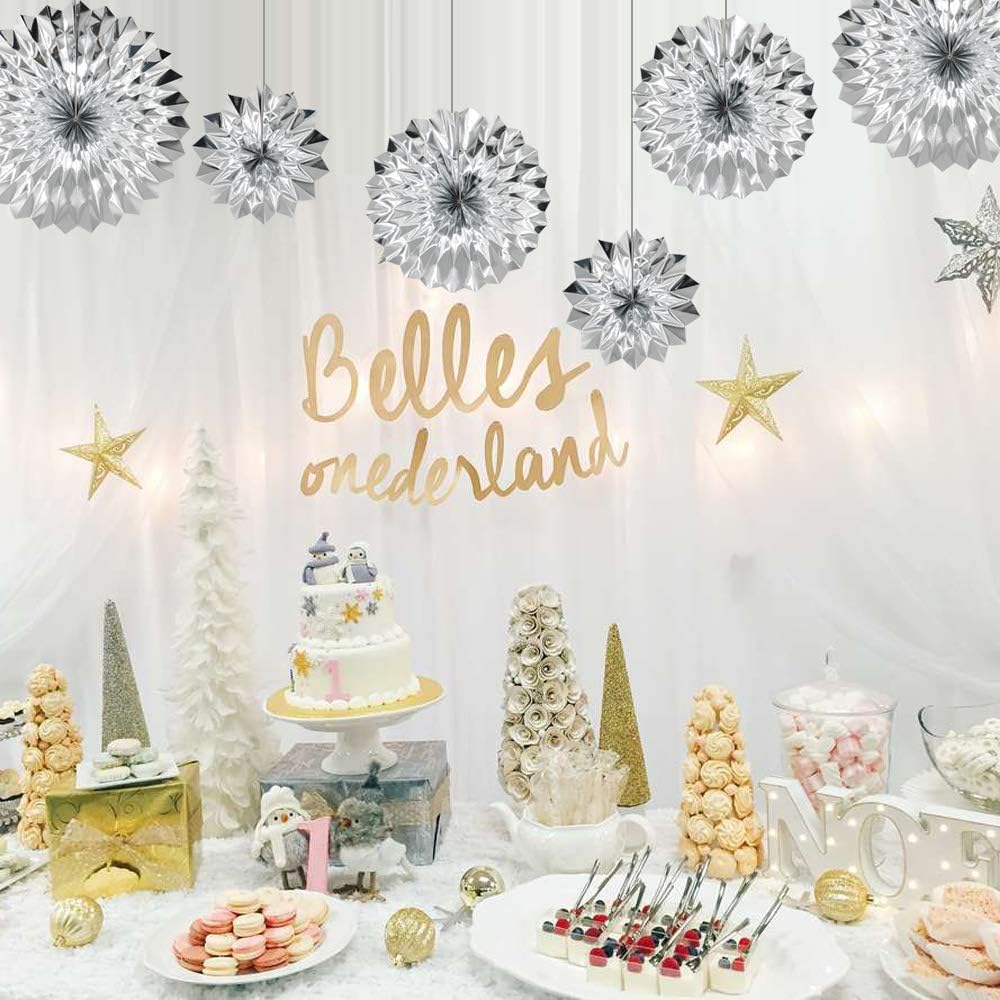 Hanging Paper Fans Party Set, Silver Round Pattern Paper Garlands Decoration for Birthday Baby