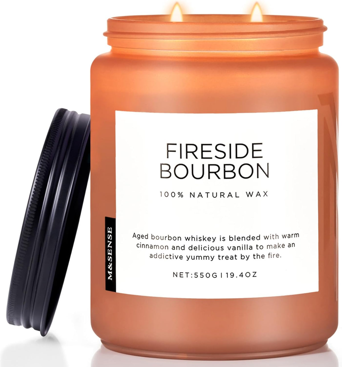 M&SENSE Fireside Bourbon Candles Strong Scented, 2 Wick Jar Candle 19.4oz 110 Hour Long Lasting