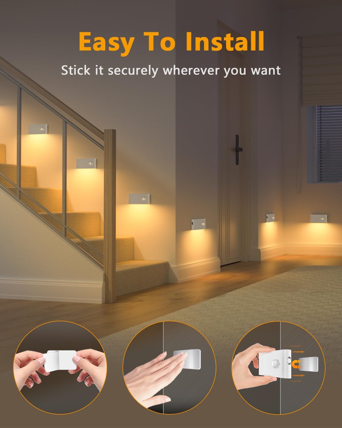 WILLED Stair Lights Indoor,Warm White Rechargeable Night Light,Wireless Motion Sensor Night