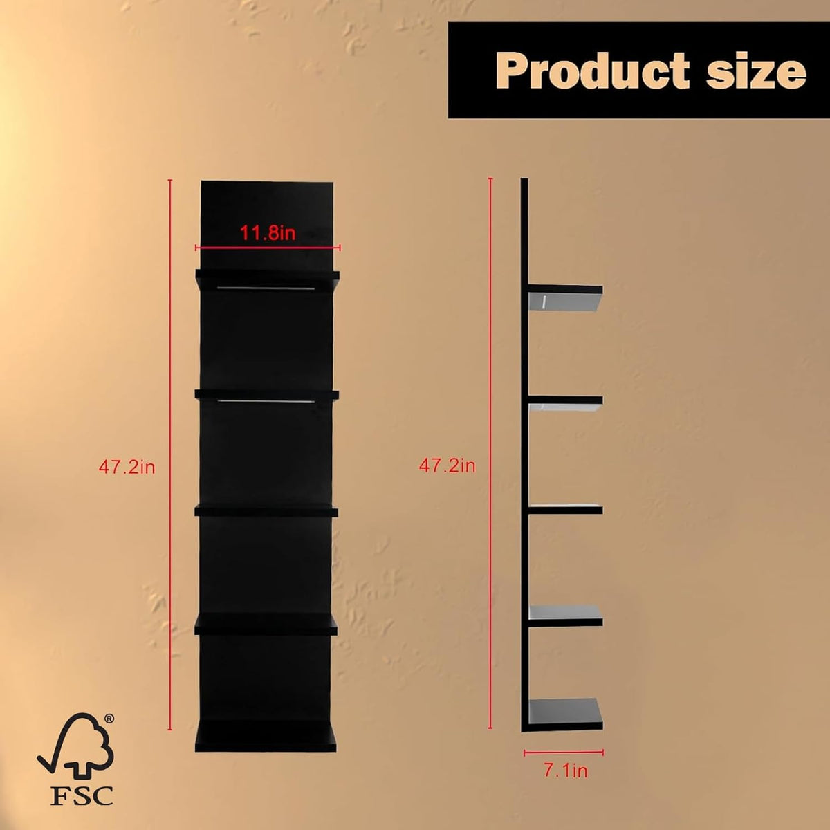 5 Tier Wall Shelf Unit, Black Modern Vertical Lack Wall Shelves with Light, Wall Mount, Floating