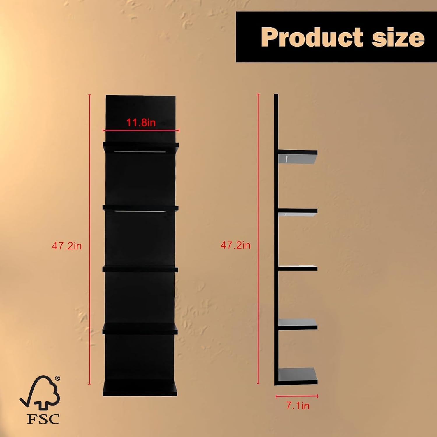 5 Tier Wall Shelf Unit, Black Modern Vertical Lack Wall Shelves with Light, Wall Mount, Floating