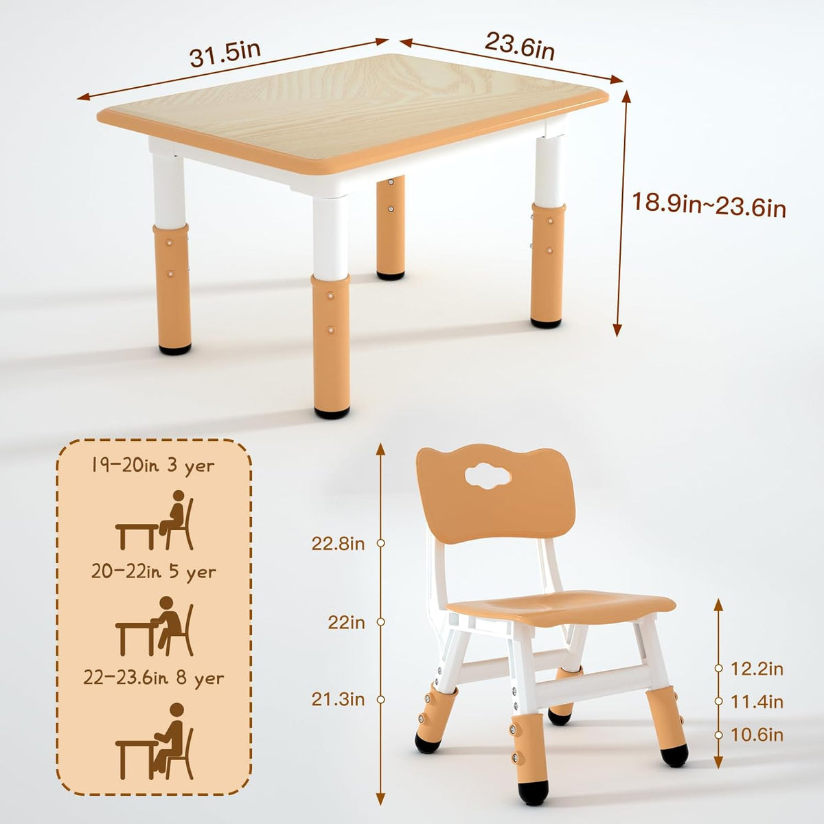 Kids Study Table and 2 Chairs Set,Height Adjustable Table and Chairs for Children and