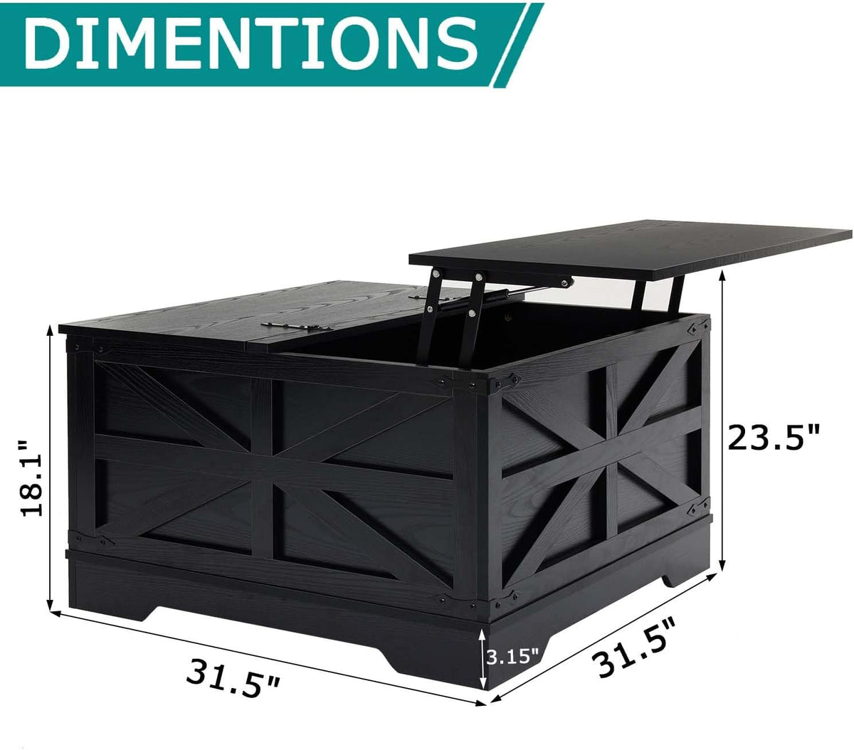 Black Coffee Table with Storage, Cocktail Table with Hinged Lift Top, Farmhouse Square Wood Center