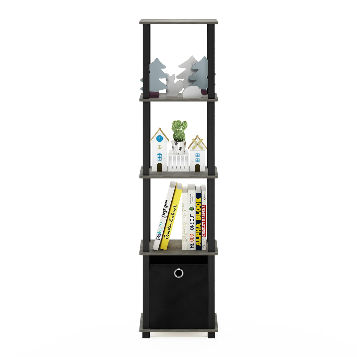 FURINNO TNT No Tools 5-Tier Display Decorative Shelf, French Oak Grey/Black/Black