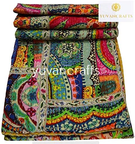 YUVANCRAFTS Patchwork Cotton Kantha Quilt - Indian Traditional Handmade Bedding Vintage Multi Color