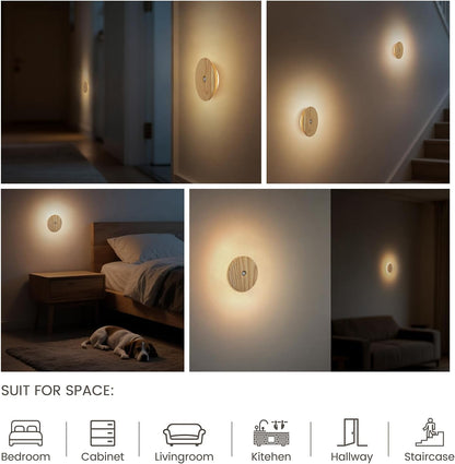 Motion Sensor Night Light Wood Rechargeable Battery-Powered Stick-On Step Lights Loftie Lights