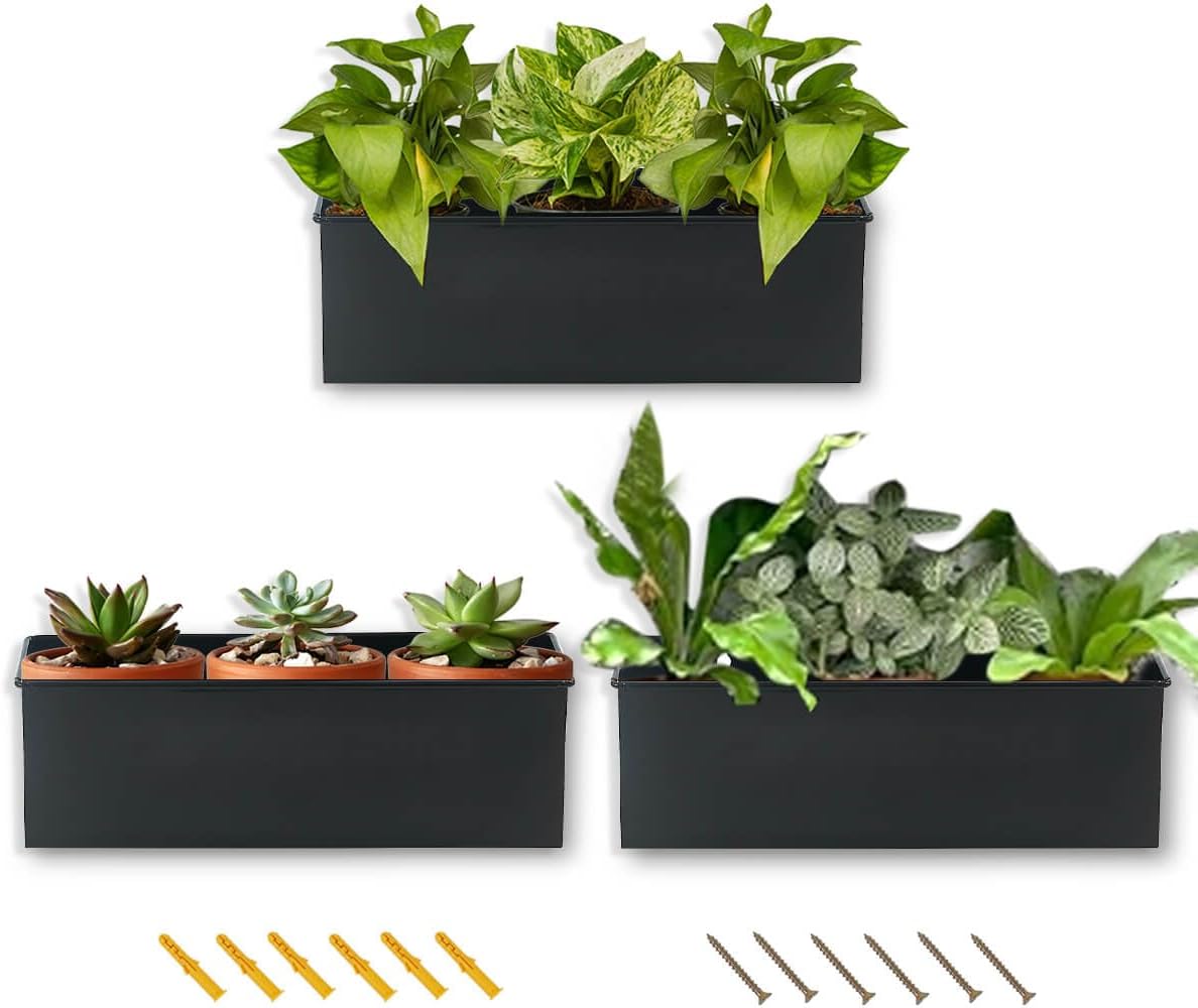 vensovo Metal Wall Hanging Planter Boxes – 12" Rectangle Flower Pots, 3 Pack with Drainage, Durable
