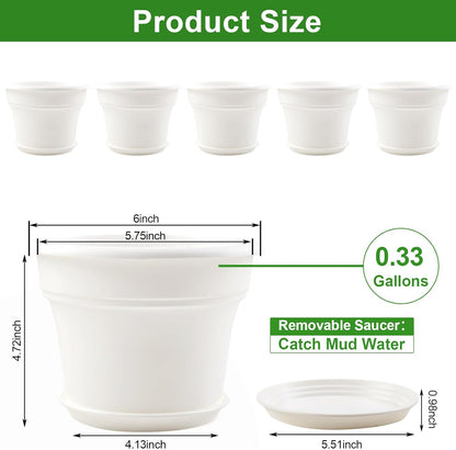 6 Inch Plastic-Flower Pot-for-Indoor Plants, 6 Pack Outdoor Plant Pots with Drainage Holes &