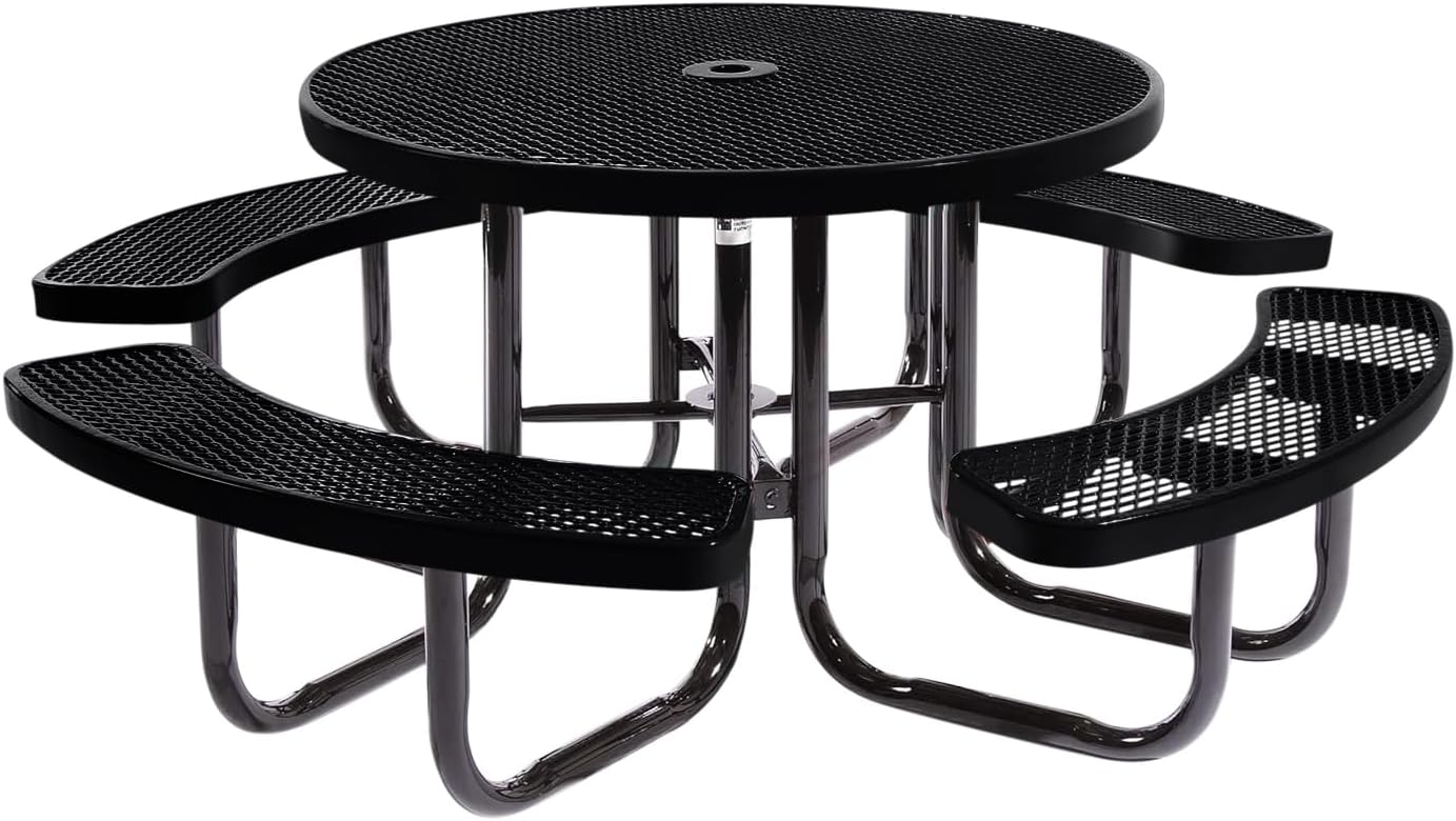 Heavy-Duty Portable Outdoor Picnic Table with Umbrella Hole, Expanded Metal Commercial-Grade Patio
