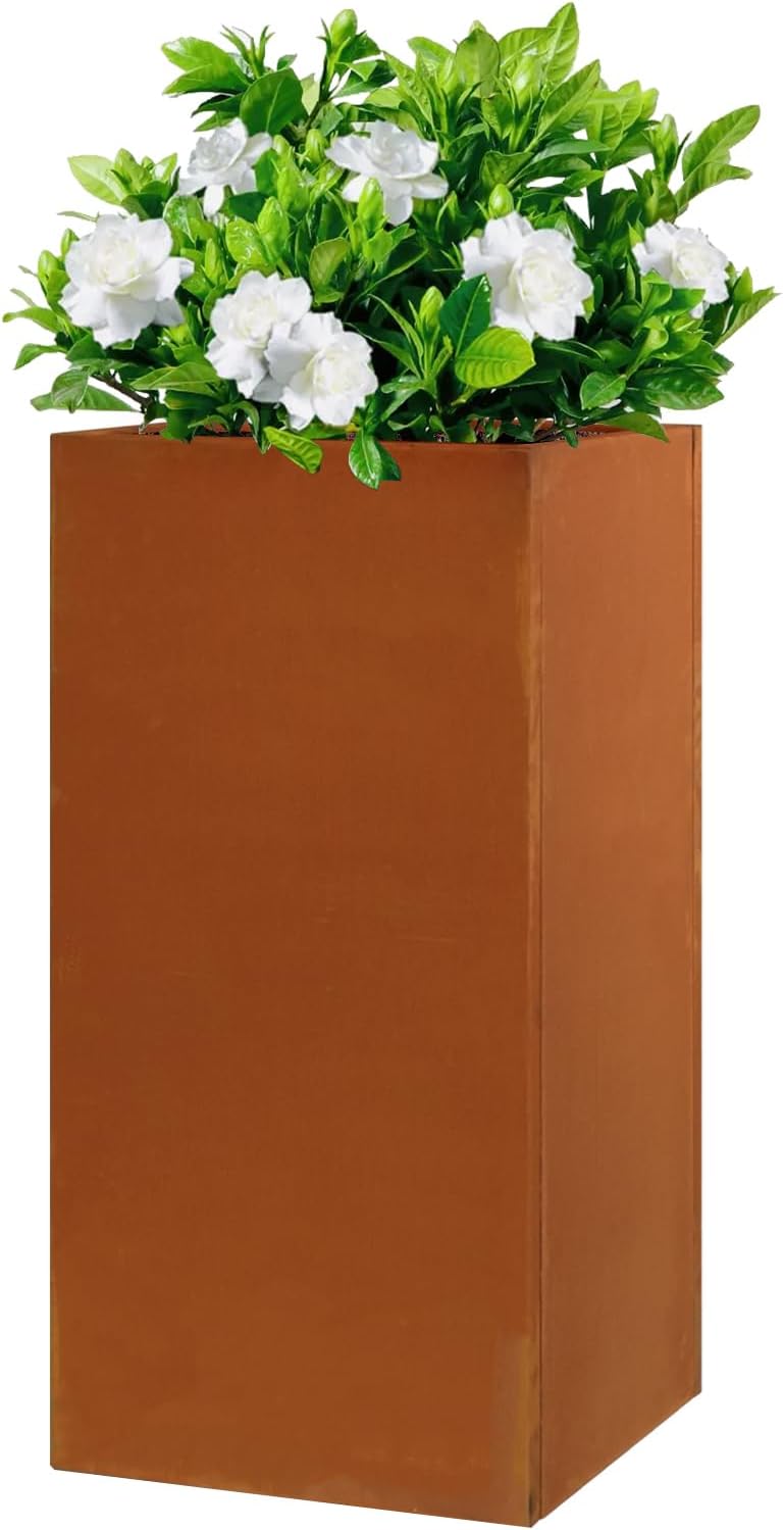 Corten Steel Metallic Heavy Planter for Outdoor Plants 14"x14"x30" Metal Planter Spliced Flower Pot