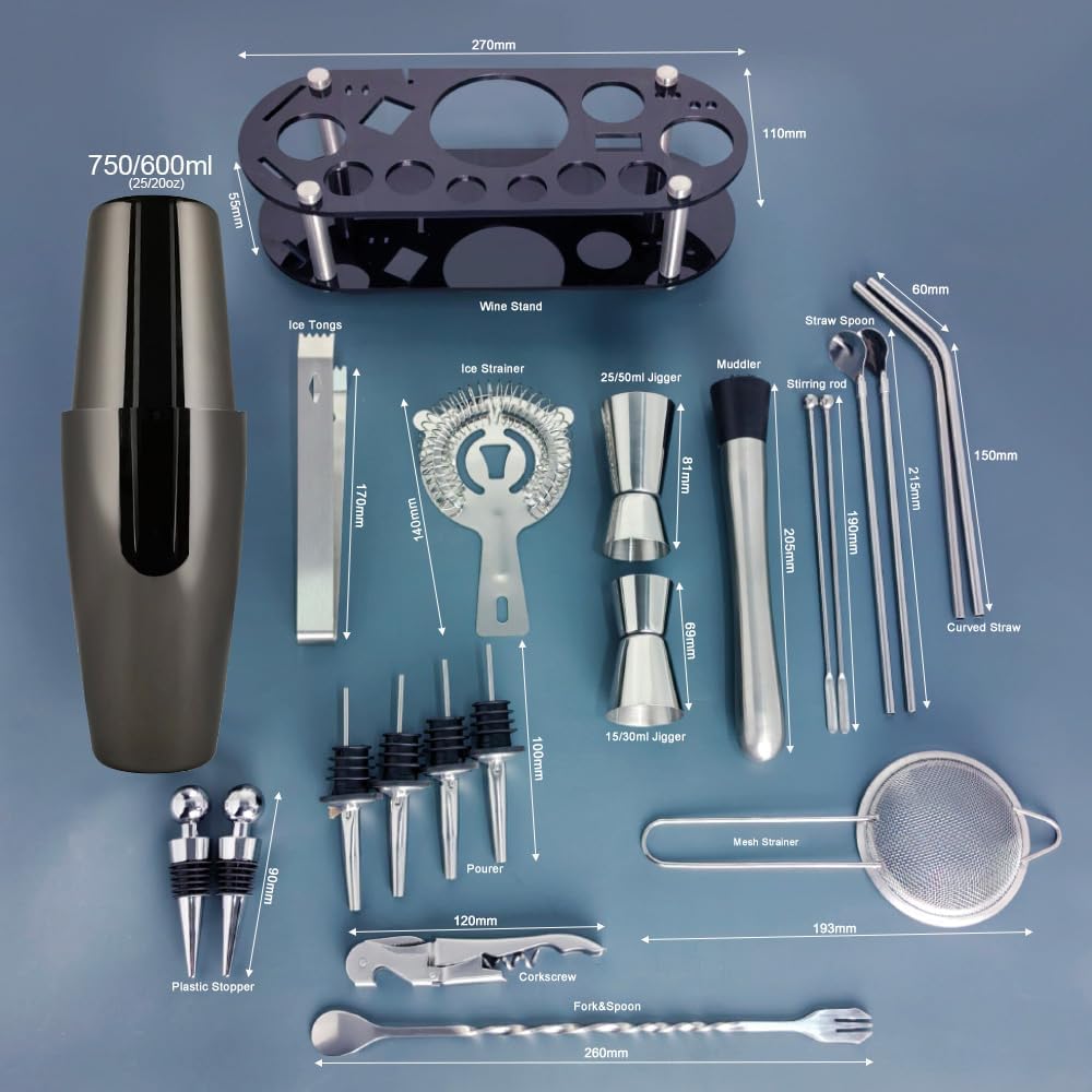 22-Piece Cocktail Shaker Set, 25/20oz Bartender Kit, Bartending Stainless Steel Bar Tools Sets for