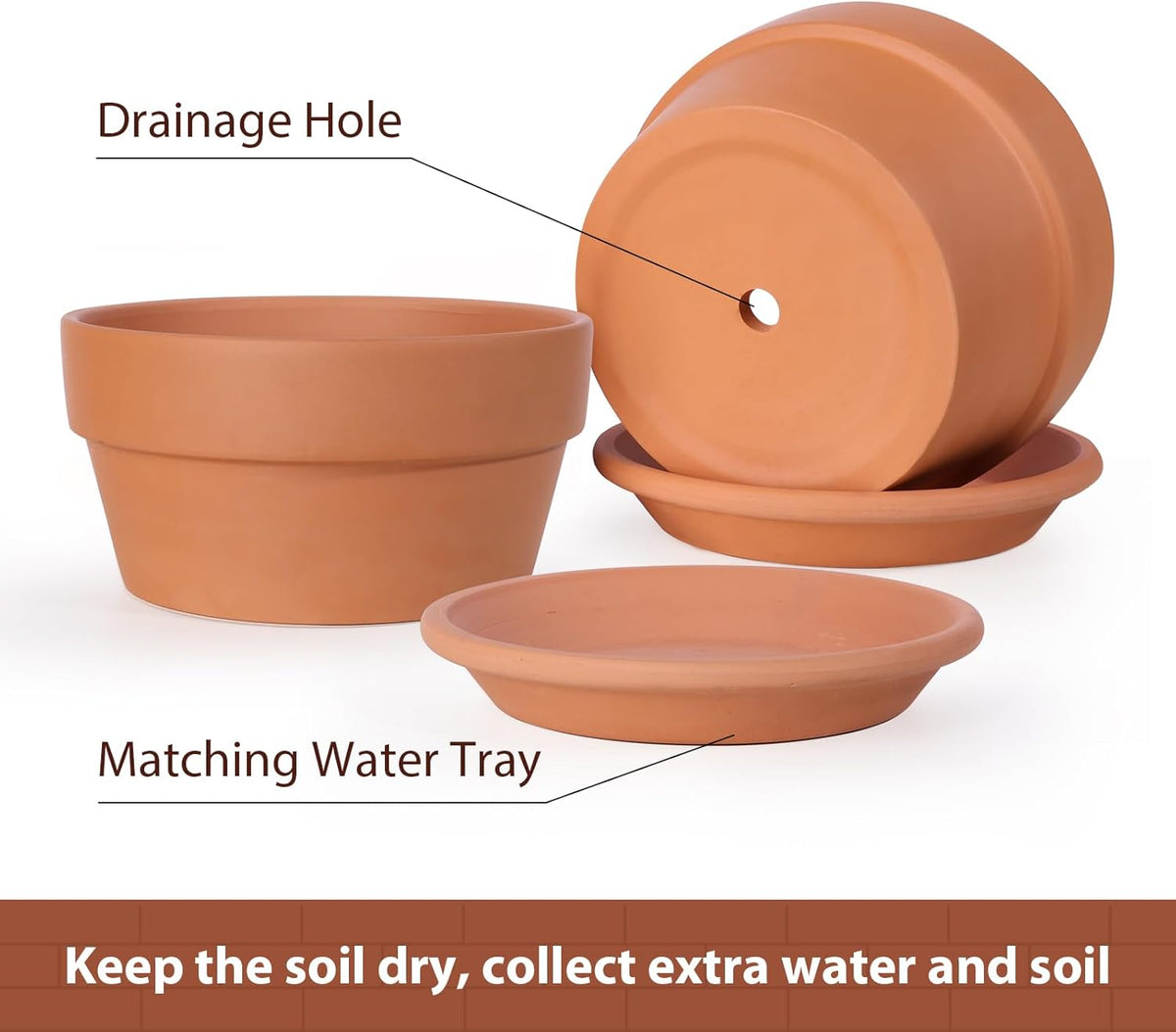 INGOFIN 8 Inch Terracotta Shallow Pots Set with Saucer - Ceramic Clay Pots with Drainage Hole