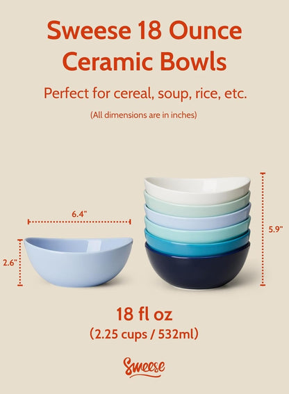Sweese 18 oz Porcelain Bowls Set - 6 Inch, Set of 6, Multi-Color for Cereal, Soup, Salad
