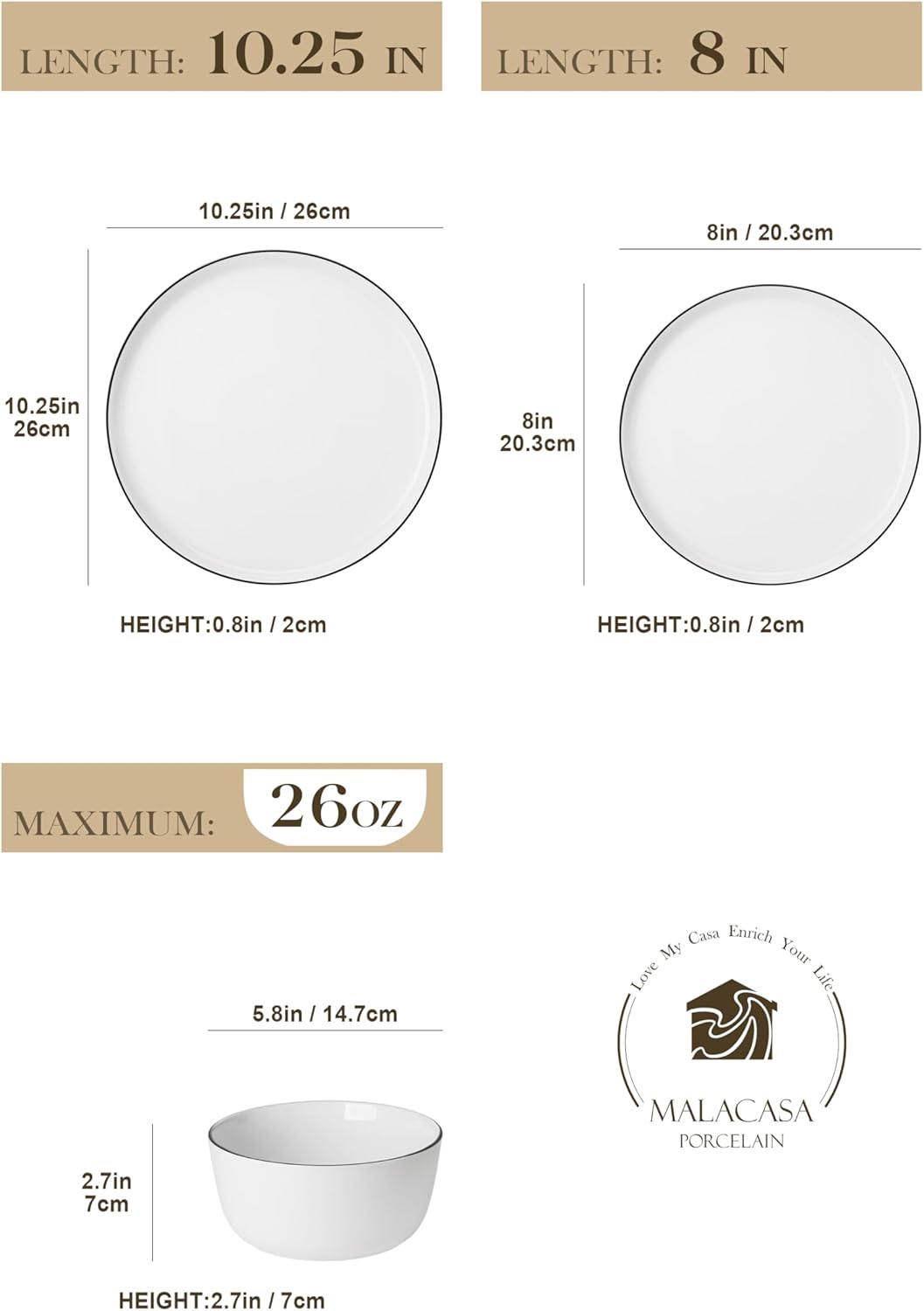 MALACASA 24 Pieces Gourmet Porcelain Dinnerware Sets, Premium Plates and Bowls Set, High-Fired