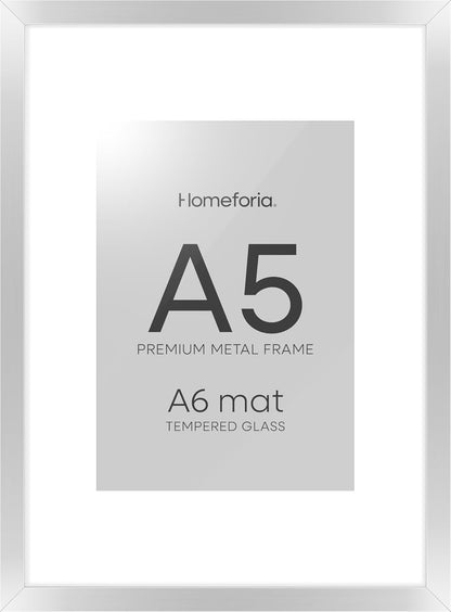 Homeforia A5 Picture Frame Silver, High End Metal 5.8 x 8.3 Frame Matted to 4.1 x 5.8 Art, A5 Frame