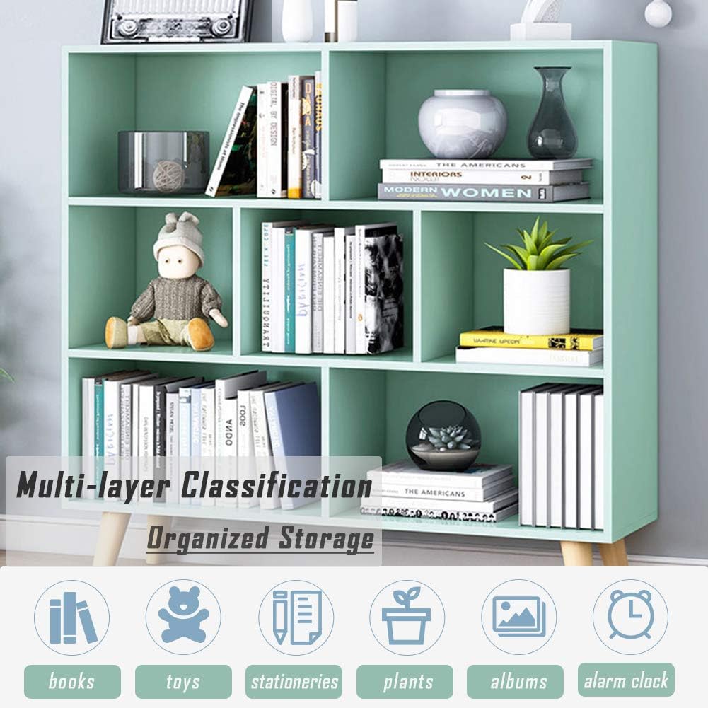 IOTXY Wooden Open Shelf Bookcase - 3-Tier Floor Standing Display Cabinet Rack with Legs, 7 Cubes