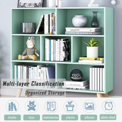 IOTXY Wooden Open Shelf Bookcase - 3-Tier Floor Standing Display Cabinet Rack with Legs, 7 Cubes