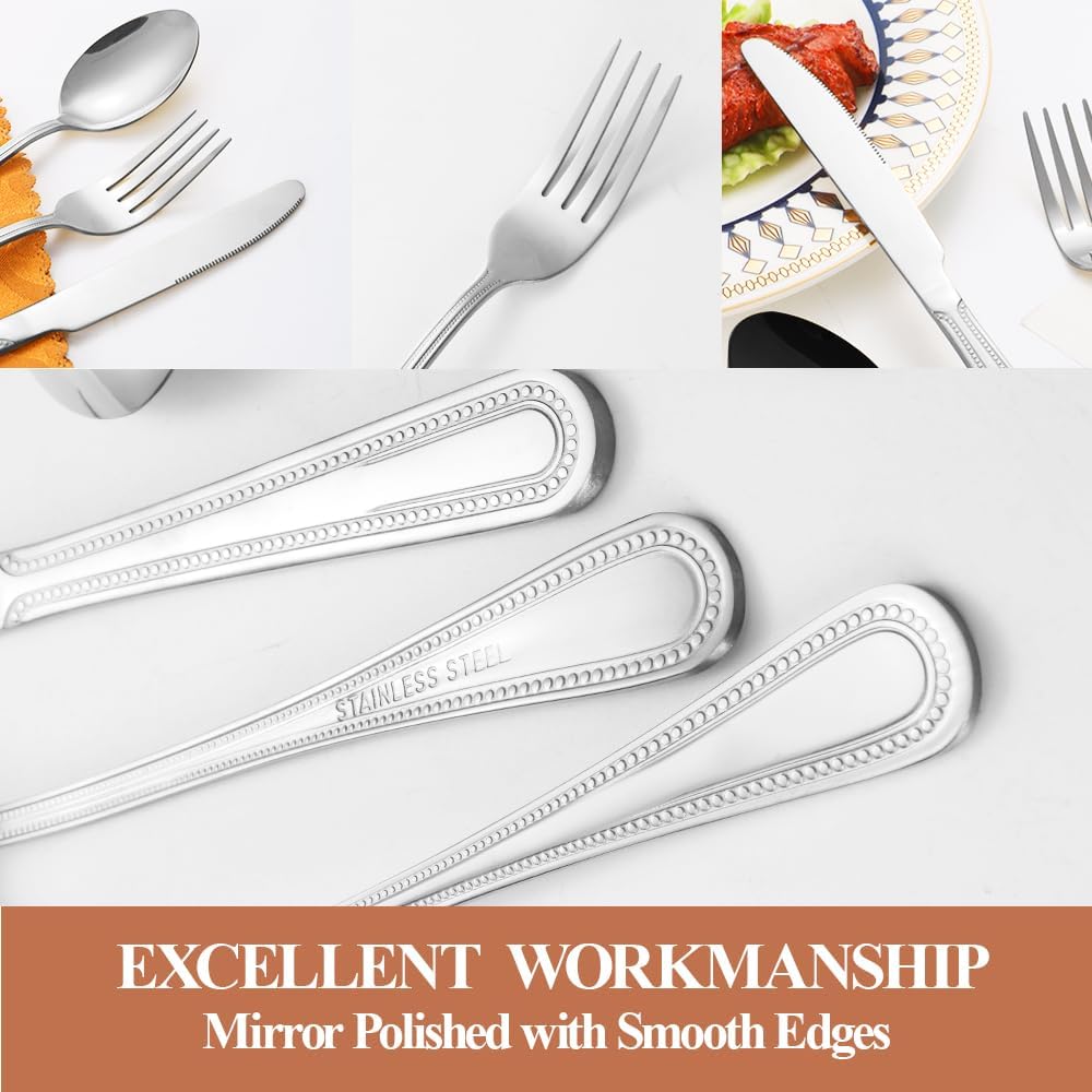 40 Pcs Silverware Set for 8 with Pearled Edge Handle design, Food Grade Stainless Steel Flatware