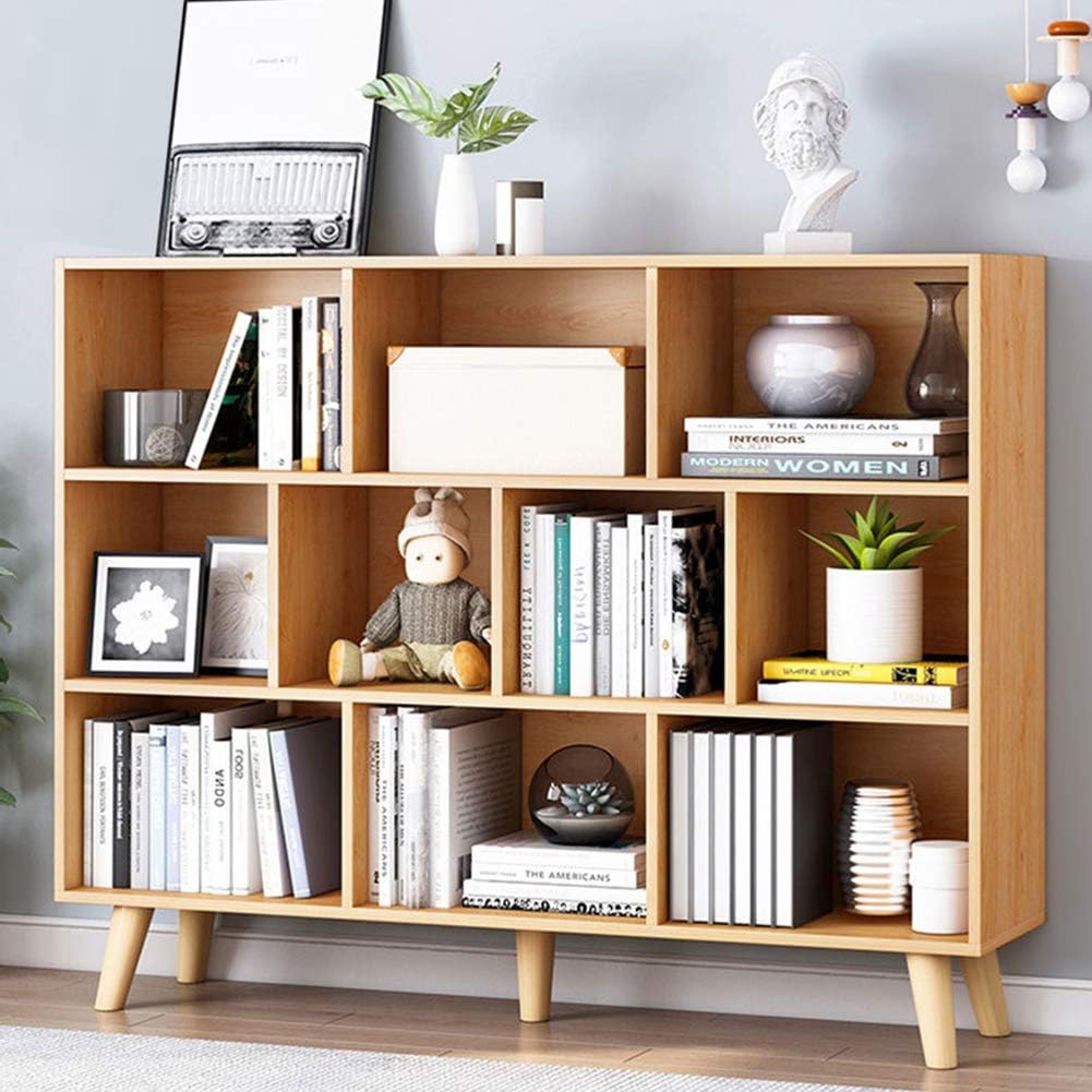 IOTXY Wooden Open Shelf Bookcase - 3-Tier Floor Standing Display Cabinet Rack with Legs, 10 Cubes
