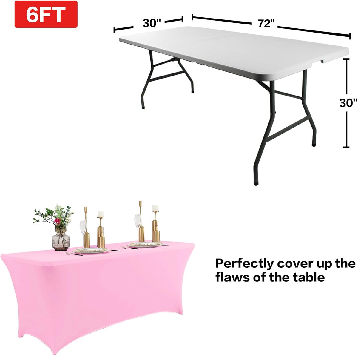 IVAPUPU 2 Pack 6FT Table Cloth for Rectangular Fitted Events Stretch Pink Table Covers Washable