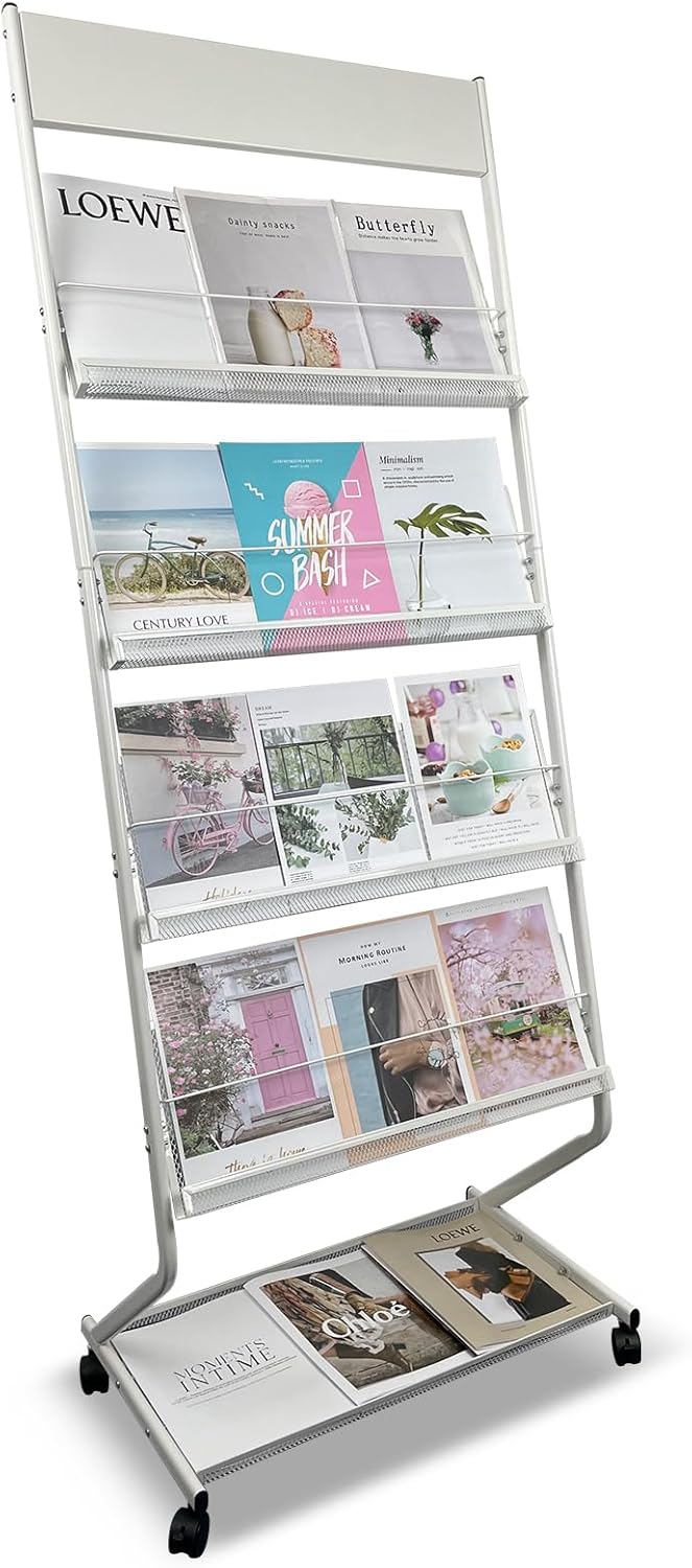 tongmo Floor-Standing Magazine Rack 4-Layer with Wheels, Brochure Display Stand, High-hardness