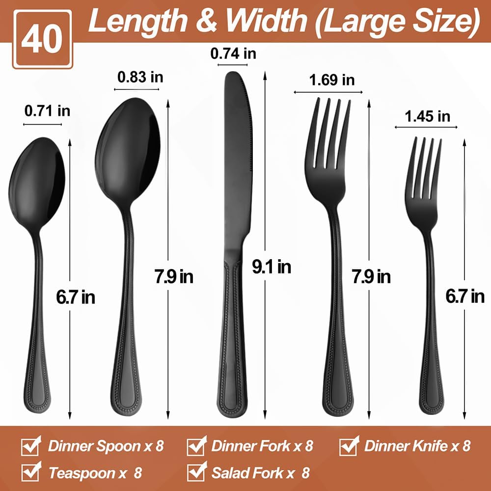 40 Pcs Black Silverware Set for 8 with Pearled Edge Handle design, Food Grade Stainless Steel