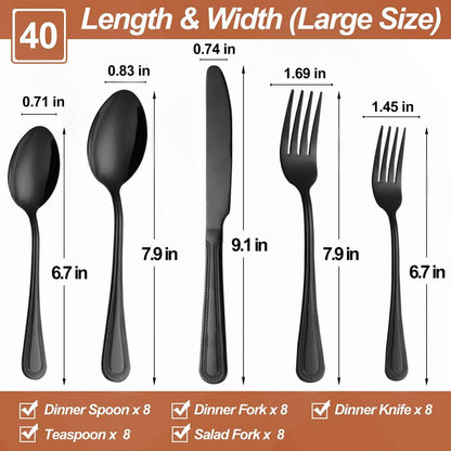 40 Pcs Black Silverware Set for 8 with Pearled Edge Handle design, Food Grade Stainless Steel