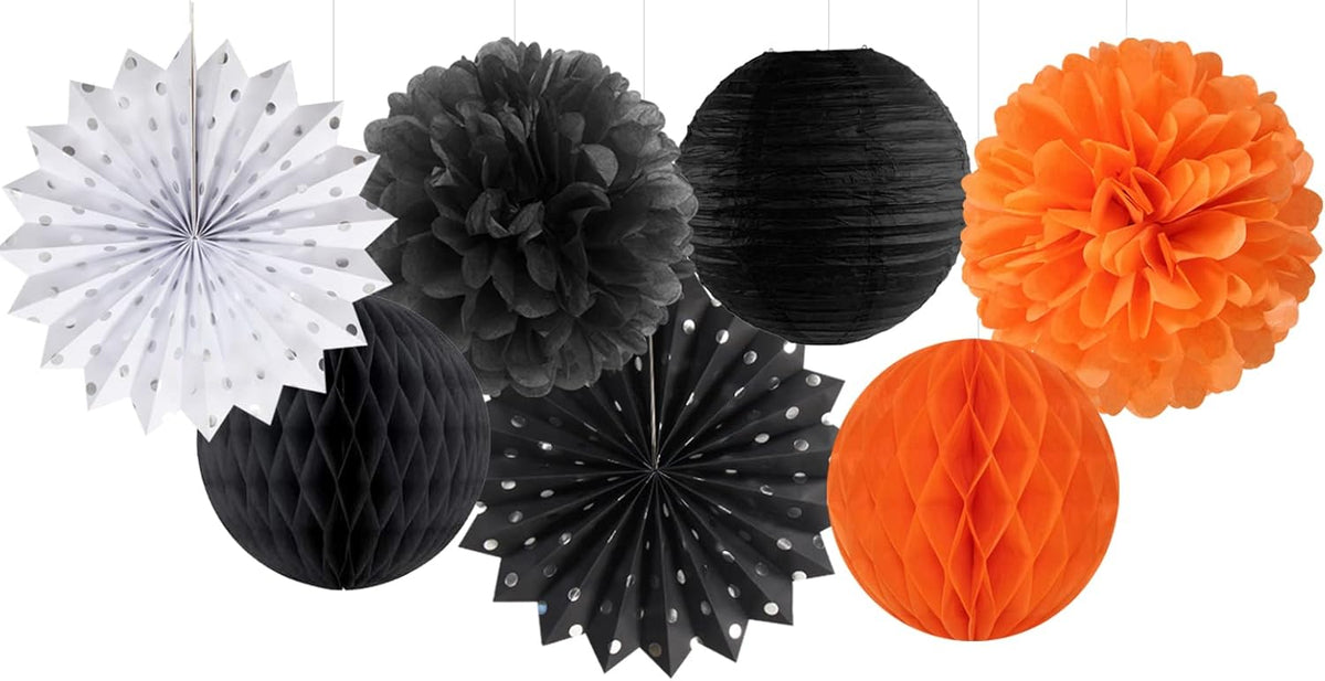 Black Orange White Halloween Party-Decorations - 14pc Kit Paper Lanterns Fan,Tissue Flower Pom Poms